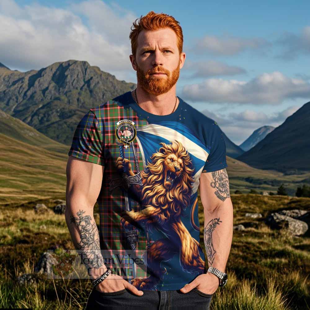 Tartan Vibes Clothing Aikenhead Tartan Family Crest T-Shirt with Scottish Majestic Lion