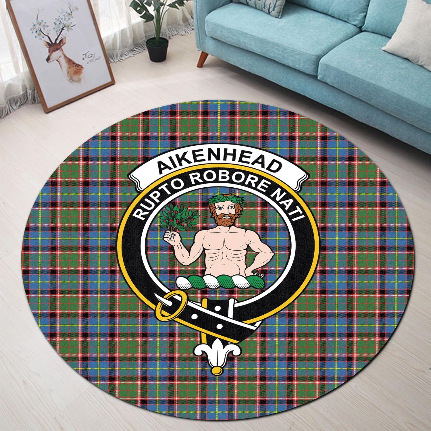 Aikenhead Tartan Round Rug with Family Crest - Tartan Vibes Clothing
