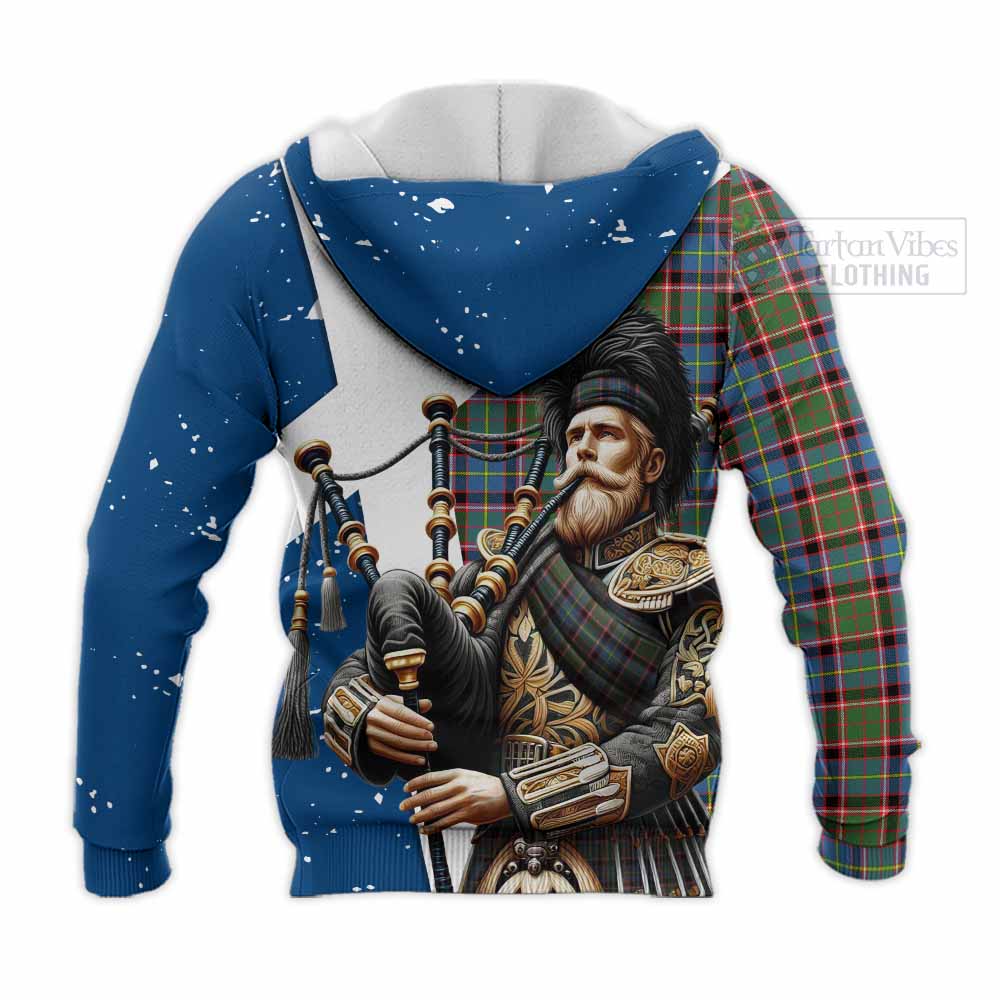 Tartan Vibes Clothing Aikenhead Tartan Knitted Hoodie with Family Crest Scottish Bagpiper Vibes