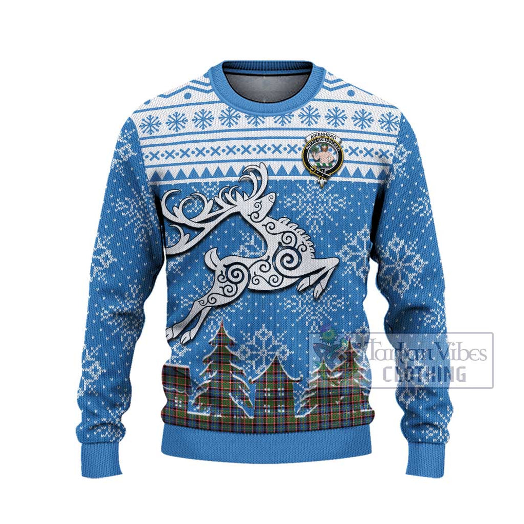 Tartan Vibes Clothing Aikenhead Clan Christmas Ugly Sweater with Tartan and Celtic Raindeer Style