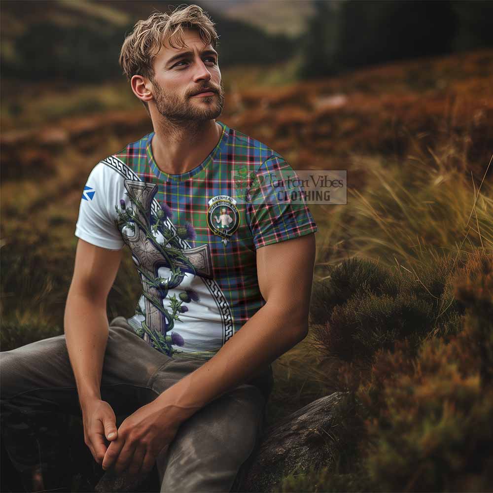 Tartan Vibes Clothing Aikenhead Agnew Tartan T-Shirt with Family Crest and St. Andrew's Cross Accented by Thistle Vines