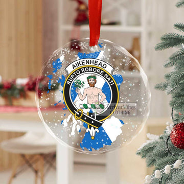 Aikenhead Clan Crest Christmas Glass Ornament with Scotland Map