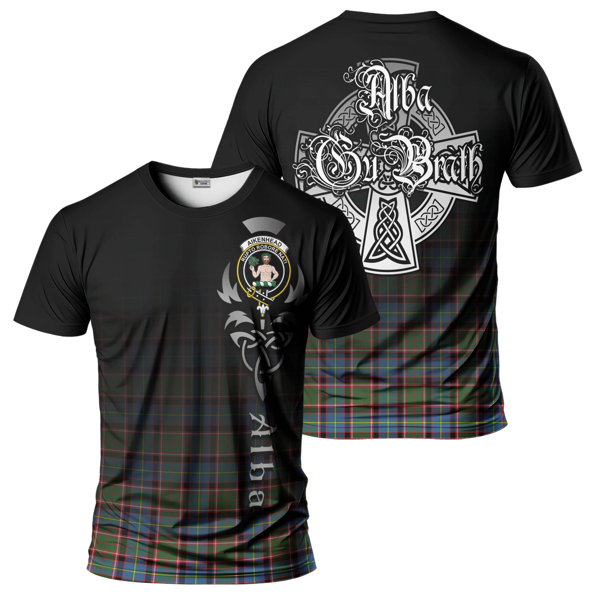 Tartan Vibes Clothing Aikenhead Tartan T-Shirt Featuring Alba Gu Brath Family Crest Celtic Inspired