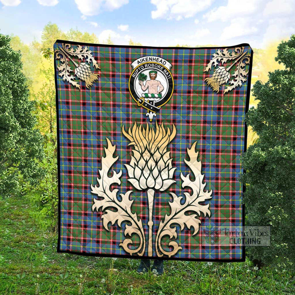 Tartan Vibes Clothing Aikenhead Tartan Quilt with Family Crest and Golden Thistle Style