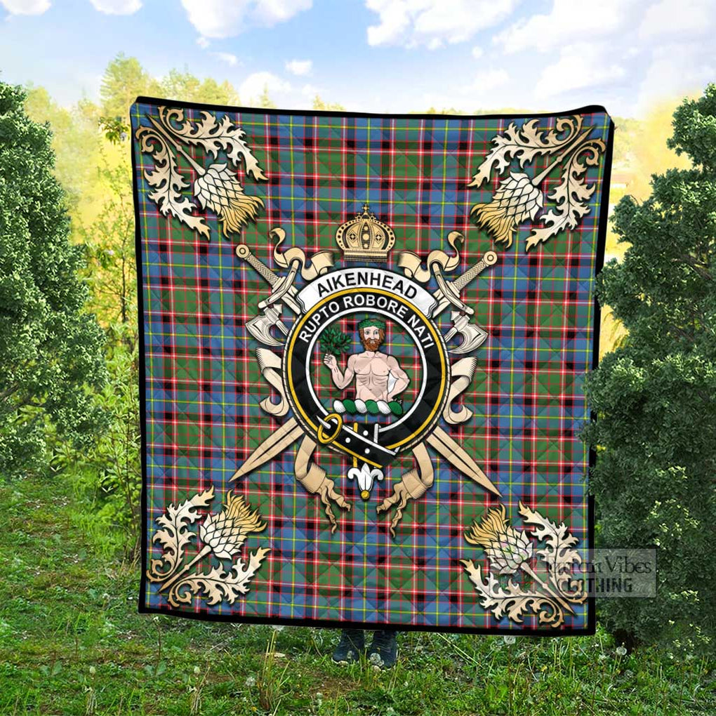 Tartan Vibes Clothing Aikenhead Tartan Quilt with Family Crest and Scottish Golden Courage Shield