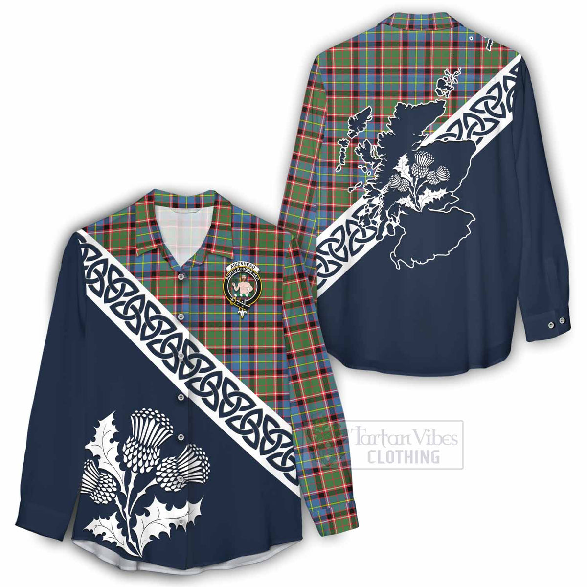 Aikenhead Tartan Women's Casual Shirt Featuring Thistle and Scotland Map - Tartan Vibes Clothing