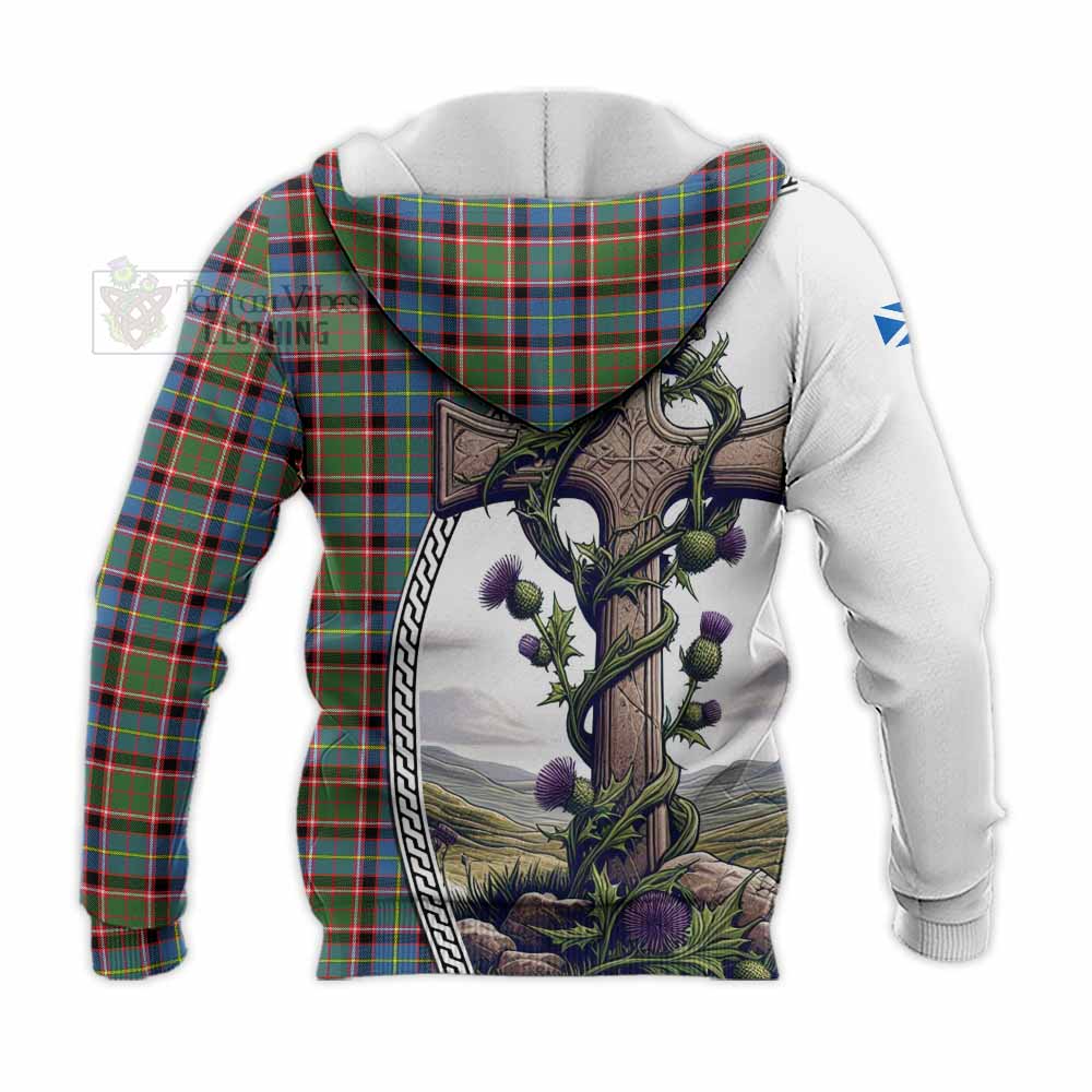 Tartan Vibes Clothing Aikenhead Tartan Knitted Hoodie with Family Crest and St. Andrew's Cross Accented by Thistle Vines