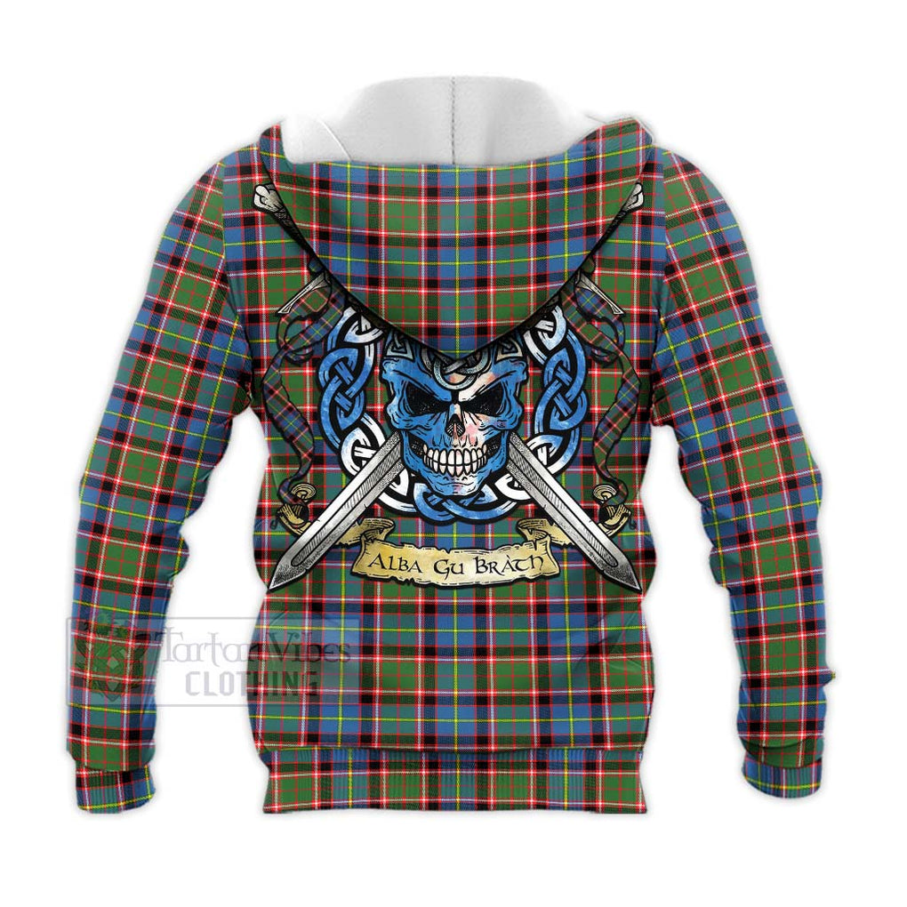 Tartan Vibes Clothing Aikenhead Tartan Knitted Hoodie with Family Crest Celtic Skull Style