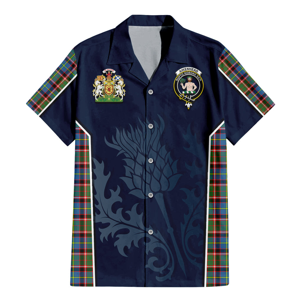 Tartan Vibes Clothing Aikenhead Tartan Short Sleeve Button Up Shirt with Family Crest and Scottish Thistle Vibes Sport Style