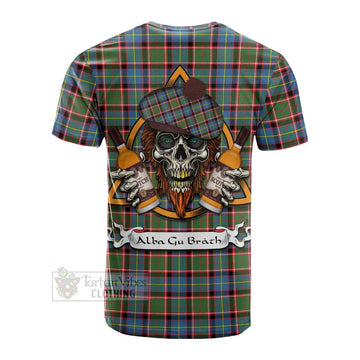 Aikenhead Tartan Cotton T-shirt with Family Crest and Bearded Skull Holding Bottles of Whiskey - Tartan Vibes Clothing