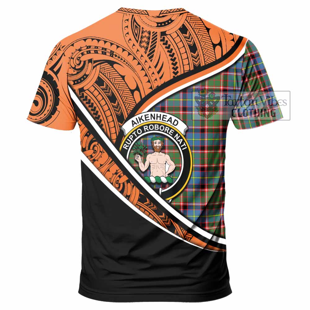 Tartan Vibes Clothing Aikenhead Crest Tartan T-Shirt with Maori Tattoo Style - Orange Version