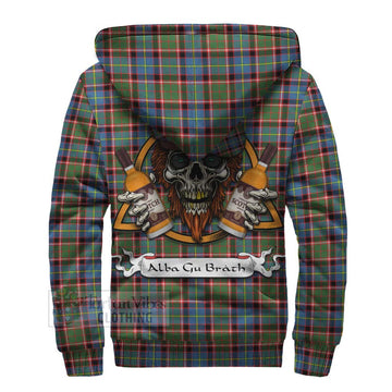 Aikenhead Tartan Sherpa Hoodie with Family Crest and Bearded Skull Holding Bottles of Whiskey - Tartan Vibes Clothing
