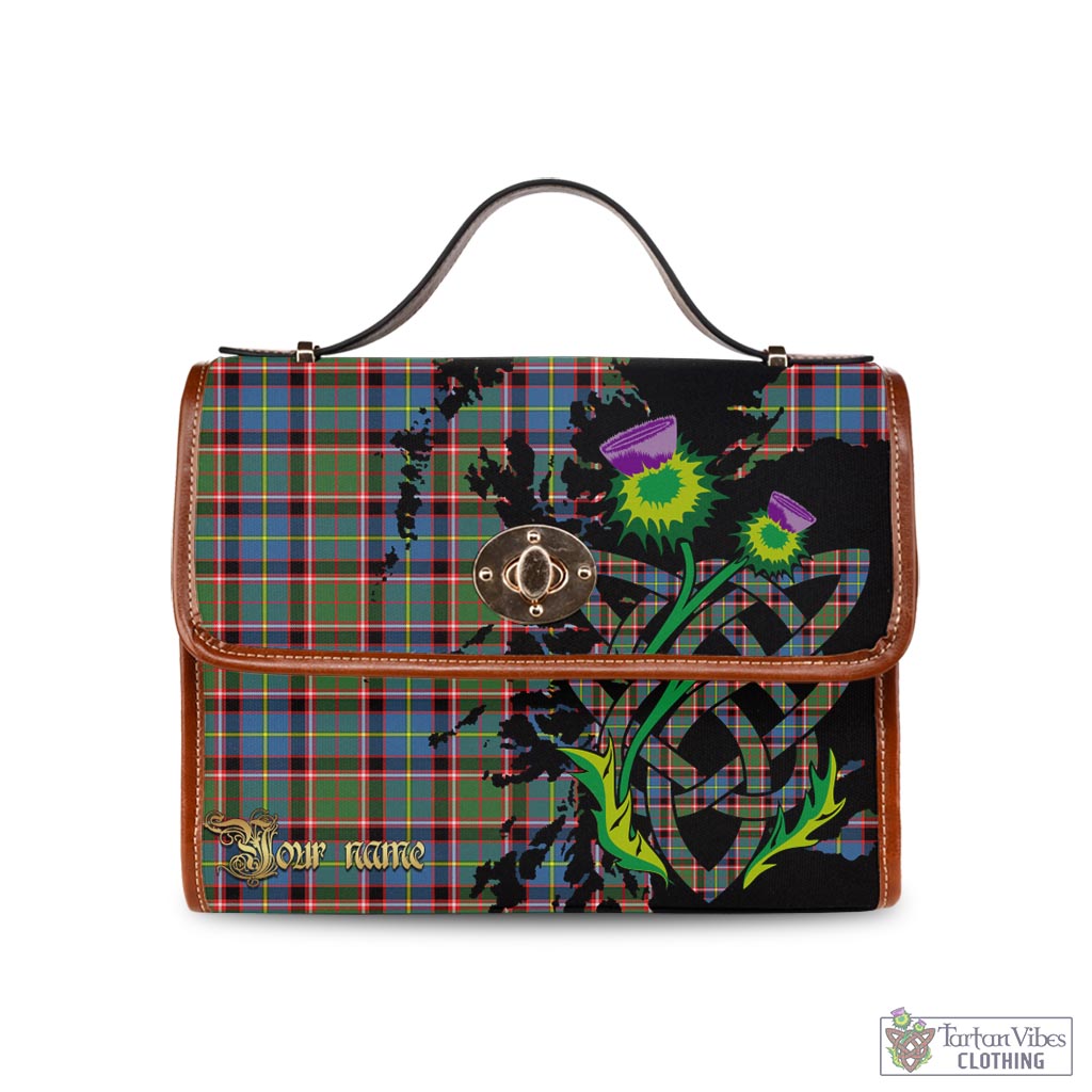 Aikenhead Tartan Waterproof Canvas Bag with Scotland Map and Thistle Celtic Accents Brown Leather Strap One Size 10.5*20*27cm - Tartan Vibes Clothing