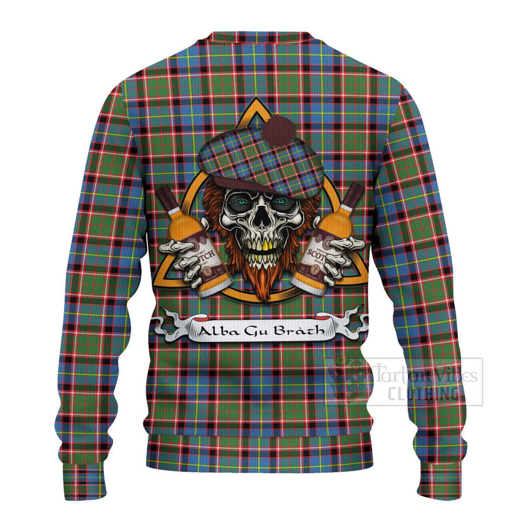 Tartan Vibes Clothing Aikenhead Tartan Knitted Sweater with Family Crest and Bearded Skull Holding Bottles of Whiskey