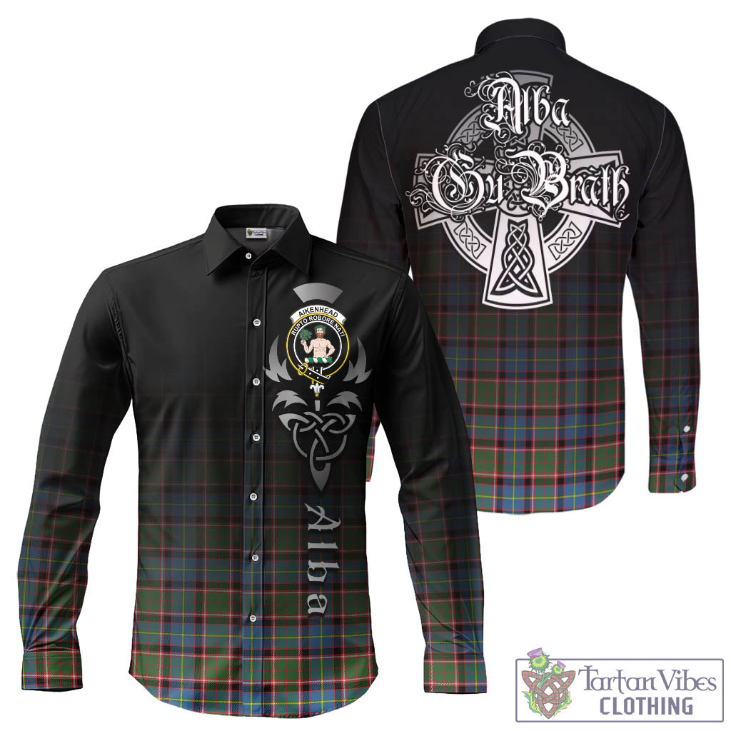 Tartan Vibes Clothing Aikenhead Tartan Long Sleeve Button Up Featuring Alba Gu Brath Family Crest Celtic Inspired