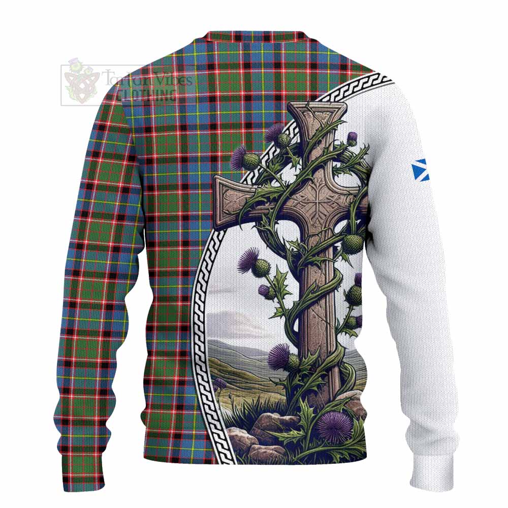 Tartan Vibes Clothing Aikenhead Tartan Knitted Sweater with Family Crest and St. Andrew's Cross Accented by Thistle Vines