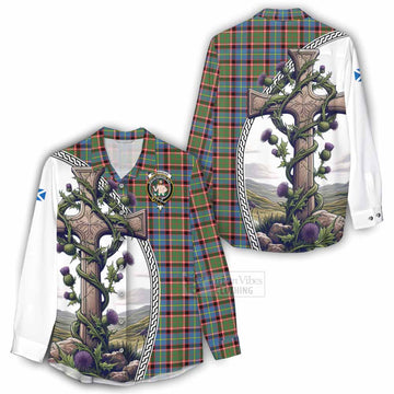 Aikenhead Tartan Women's Casual Shirt with Family Crest and St. Andrew's Cross Accented by Thistle Vines - Tartan Vibes Clothing