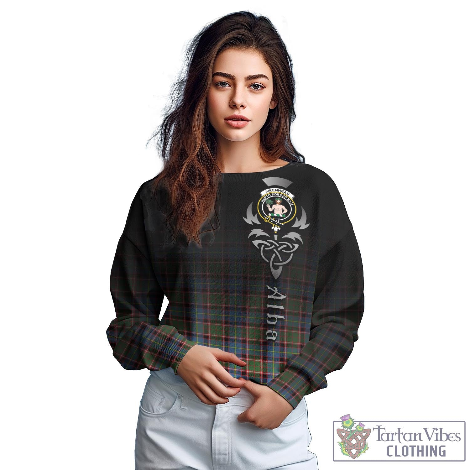 Tartan Vibes Clothing Aikenhead Tartan Sweatshirt Featuring Alba Gu Brath Family Crest Celtic Inspired