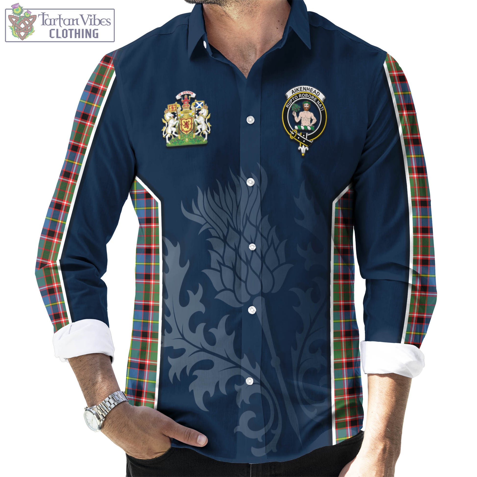 Tartan Vibes Clothing Aikenhead Tartan Long Sleeve Button Up Shirt with Family Crest and Scottish Thistle Vibes Sport Style