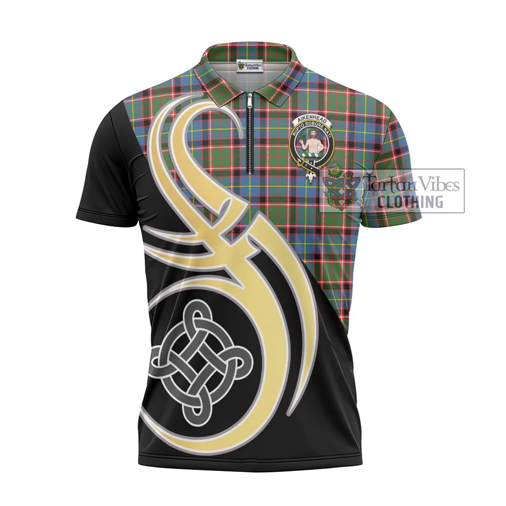 Tartan Vibes Clothing Aikenhead Tartan Zipper Polo Shirt with Family Crest and Celtic Symbol Style