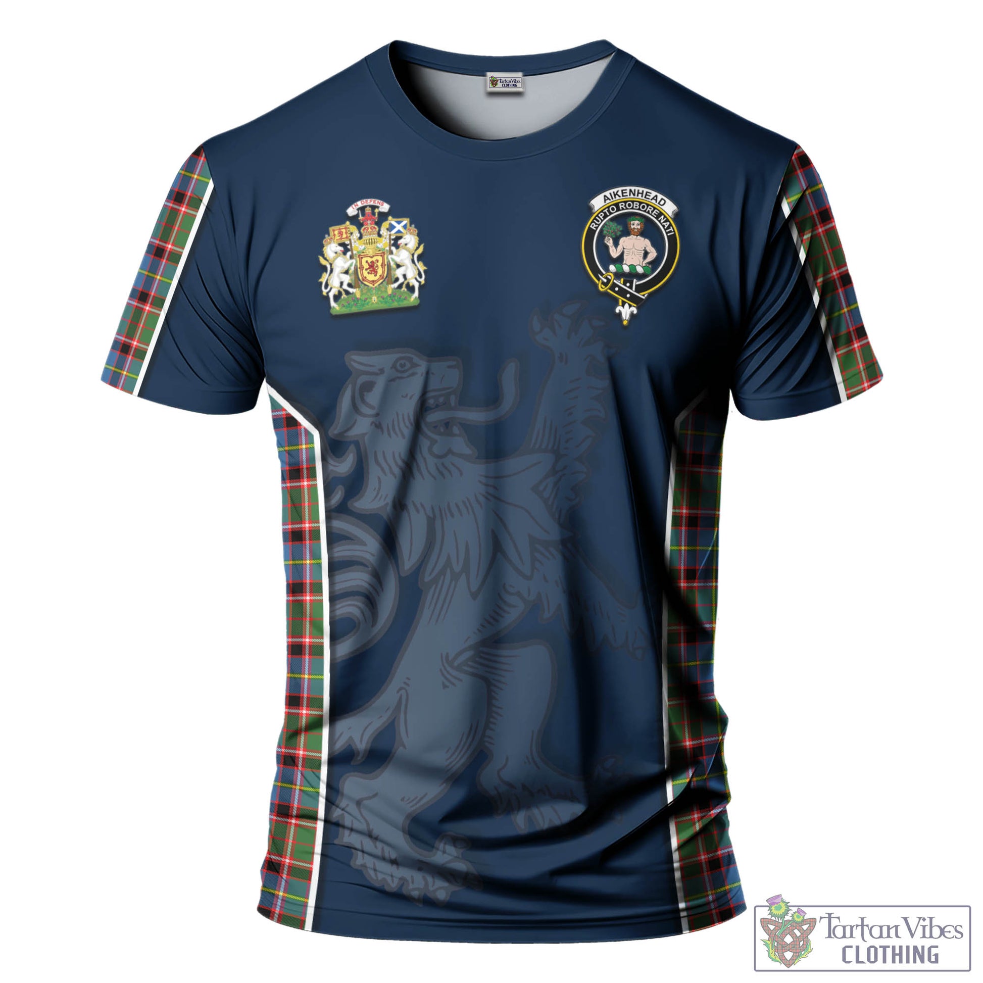 Tartan Vibes Clothing Aikenhead Tartan T-Shirt with Family Crest and Lion Rampant Vibes Sport Style