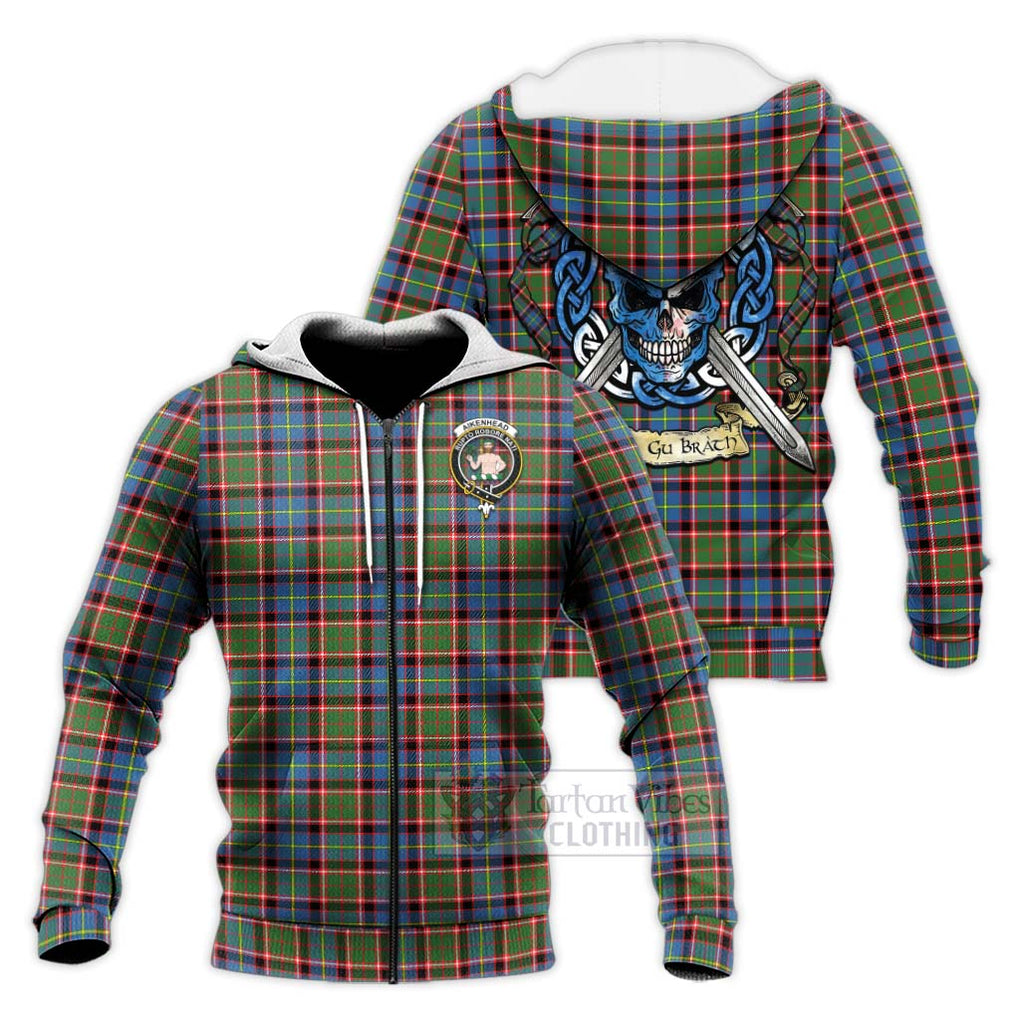 Tartan Vibes Clothing Aikenhead Tartan Knitted Hoodie with Family Crest Celtic Skull Style