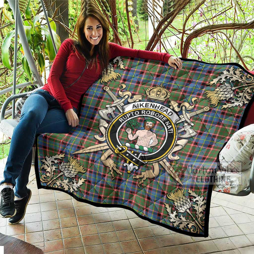 Tartan Vibes Clothing Aikenhead Tartan Quilt with Family Crest and Scottish Golden Courage Shield