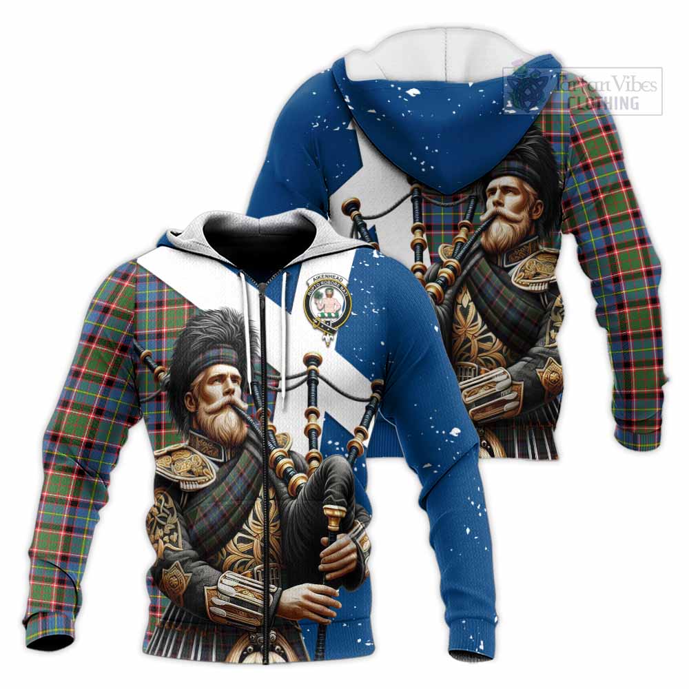 Tartan Vibes Clothing Aikenhead Tartan Knitted Hoodie with Family Crest Scottish Bagpiper Vibes