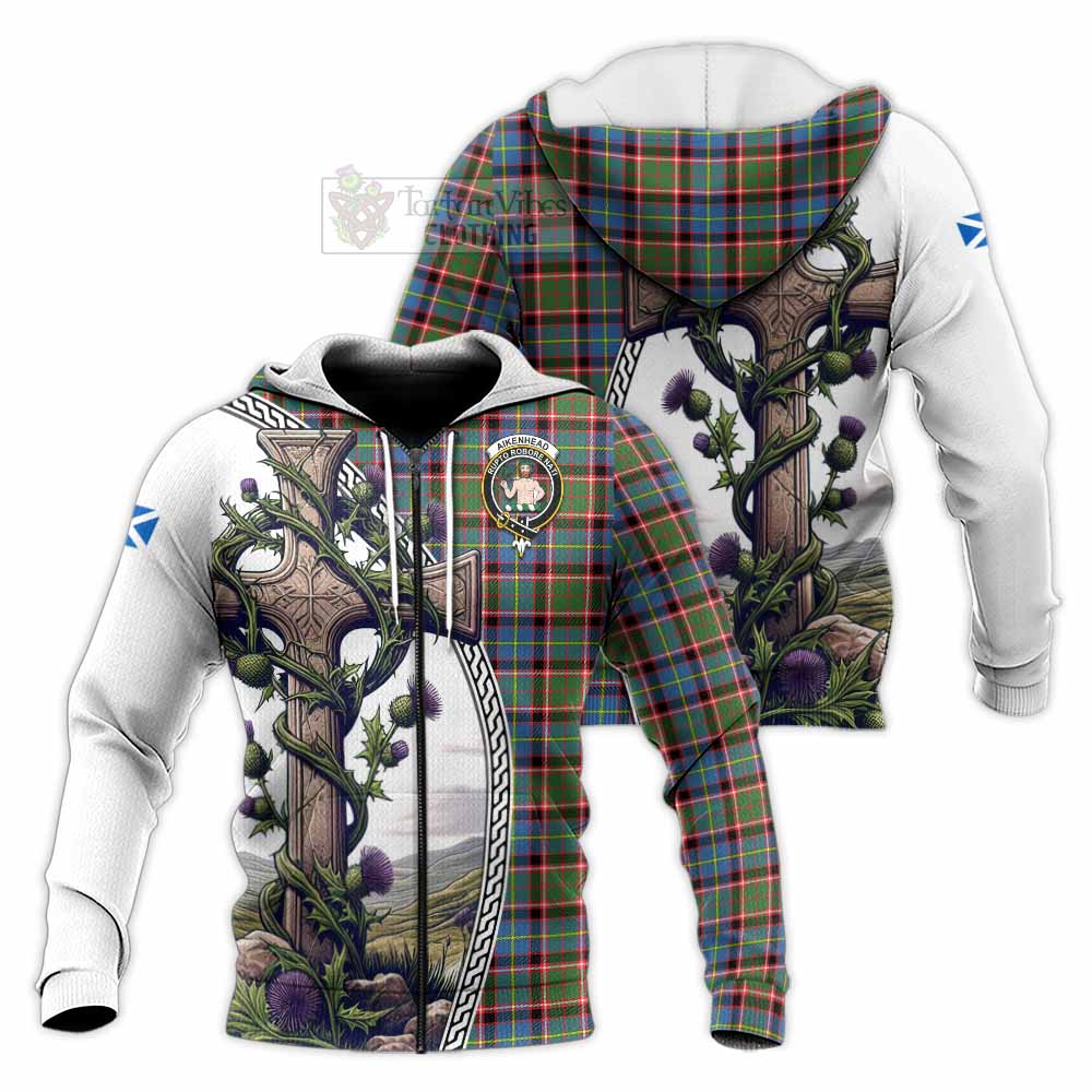 Tartan Vibes Clothing Aikenhead Tartan Knitted Hoodie with Family Crest and St. Andrew's Cross Accented by Thistle Vines