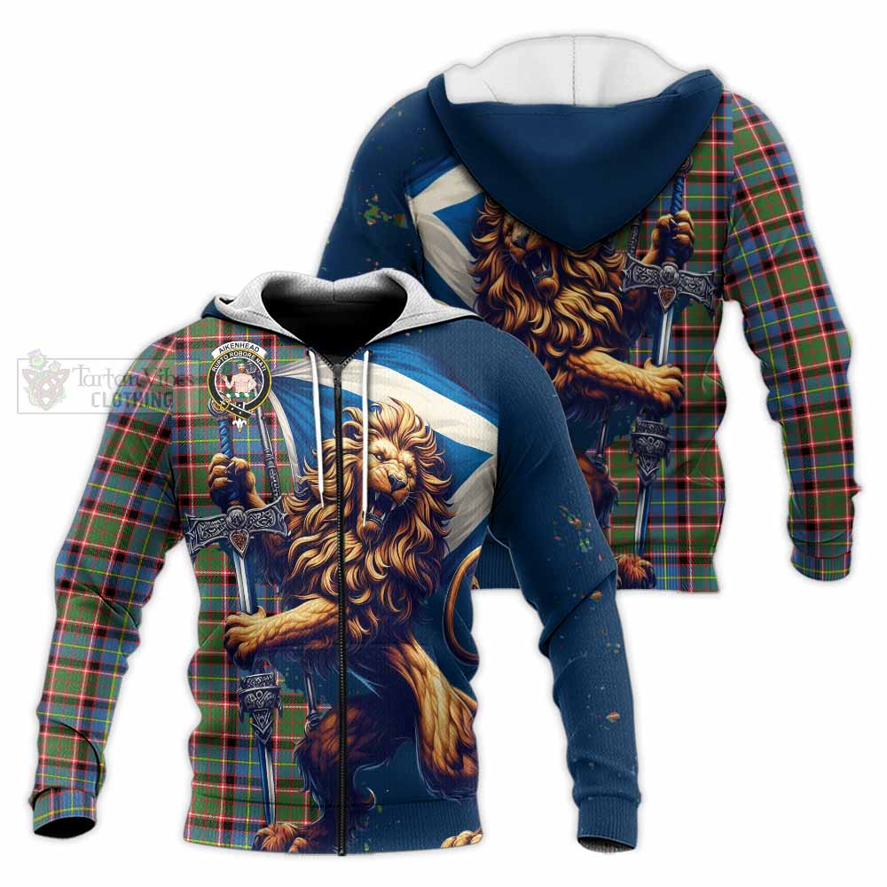 Tartan Vibes Clothing Aikenhead Tartan Family Crest Knitted Hoodie with Scottish Majestic Lion