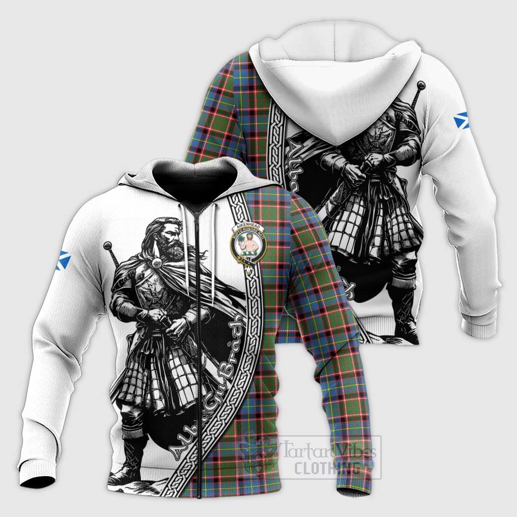 Tartan Vibes Clothing Aikenhead Tartan Clan Crest Knitted Hoodie with Highlander Warrior Celtic Style