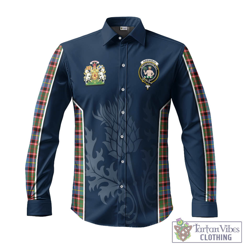 Tartan Vibes Clothing Aikenhead Tartan Long Sleeve Button Up Shirt with Family Crest and Scottish Thistle Vibes Sport Style