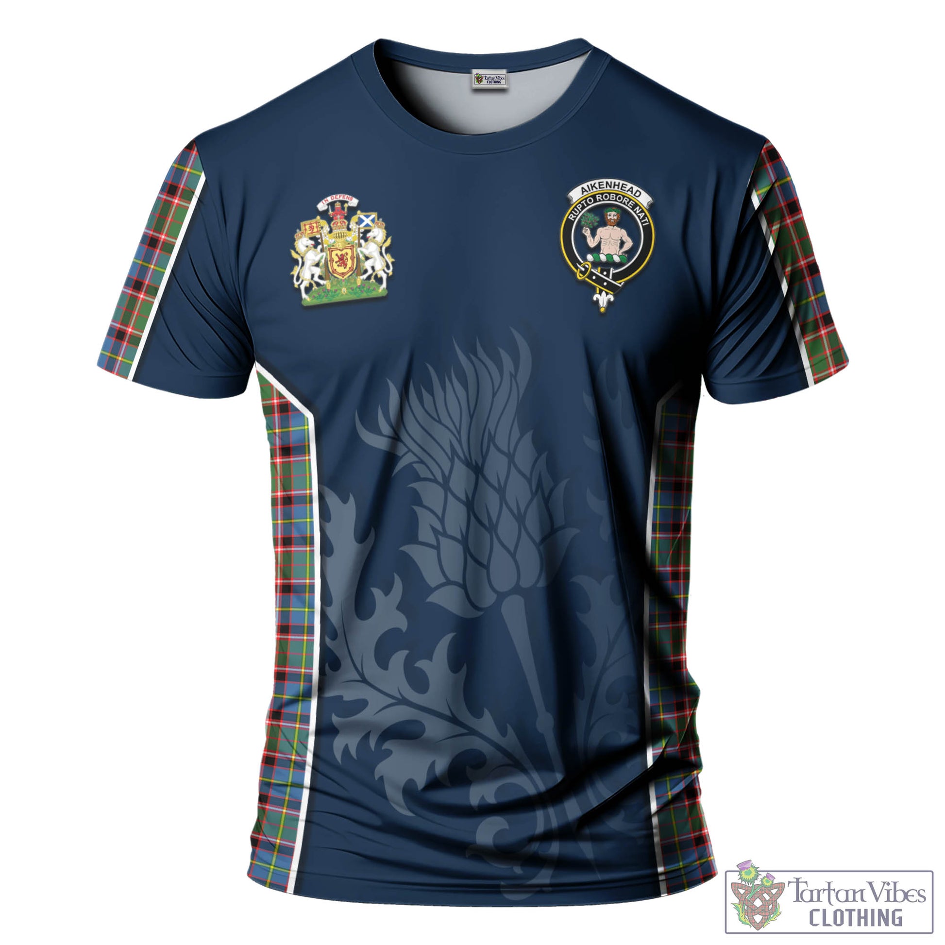 Tartan Vibes Clothing Aikenhead Tartan T-Shirt with Family Crest and Scottish Thistle Vibes Sport Style