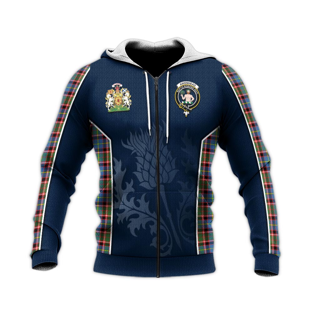 Tartan Vibes Clothing Aikenhead Tartan Knitted Hoodie with Family Crest and Scottish Thistle Vibes Sport Style