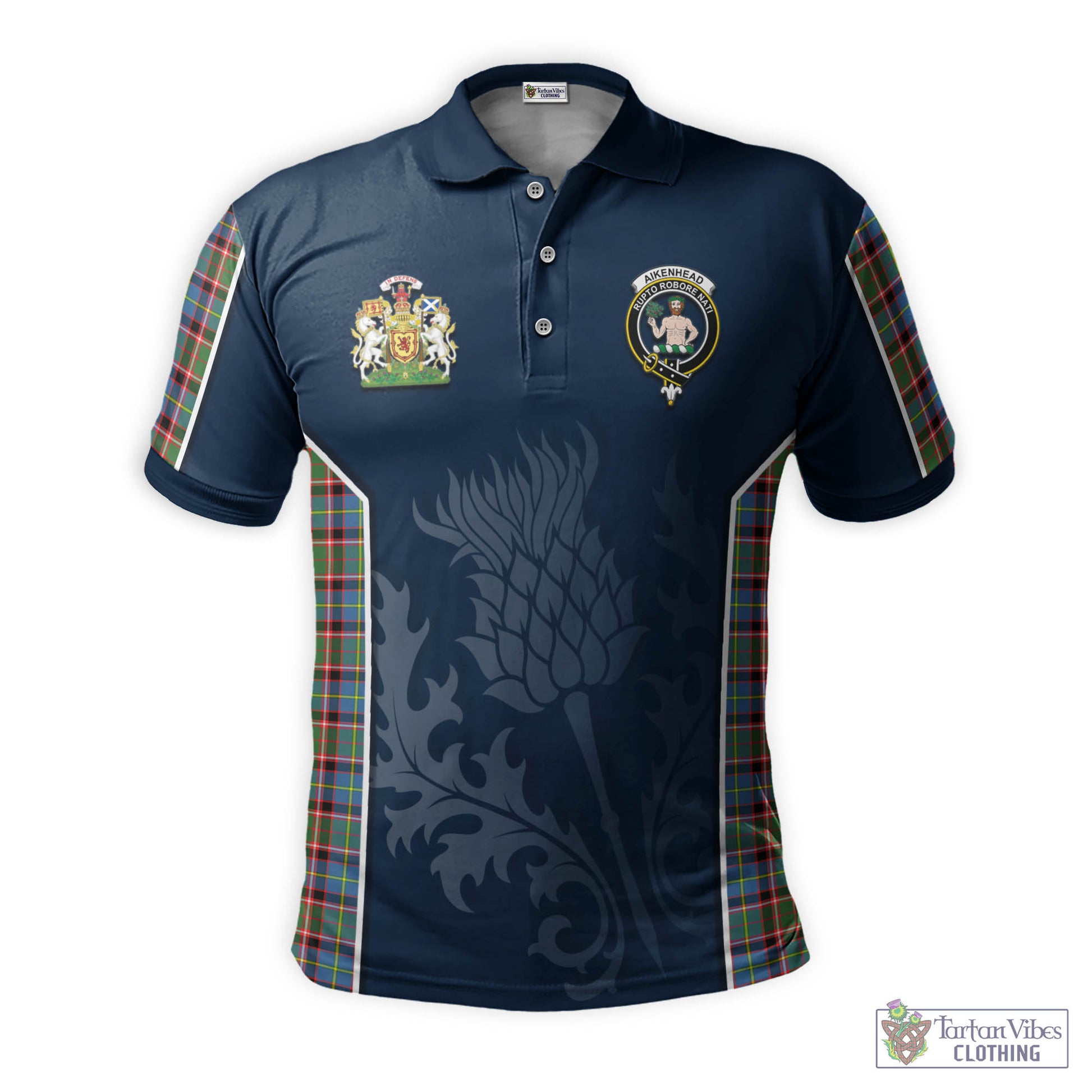 Tartan Vibes Clothing Aikenhead Tartan Men's Polo Shirt with Family Crest and Scottish Thistle Vibes Sport Style