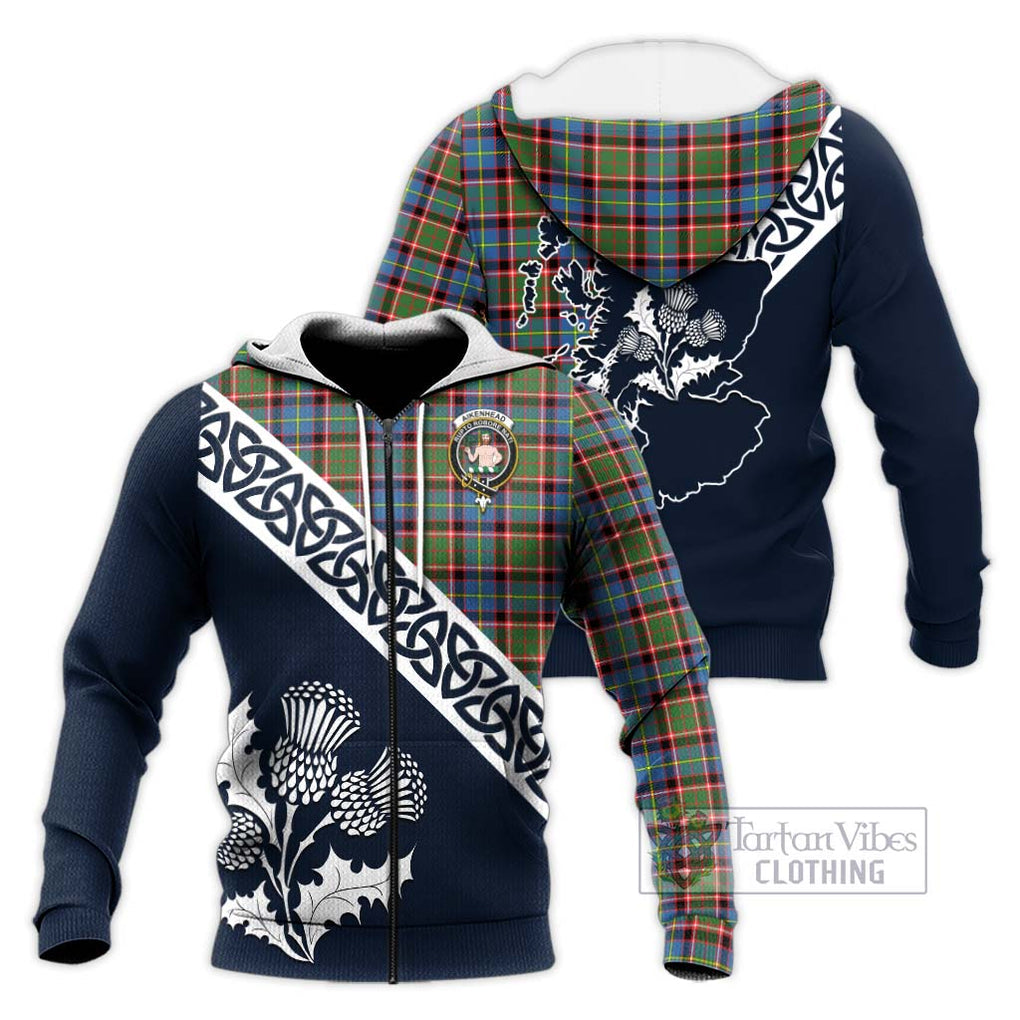 Tartan Vibes Clothing Aikenhead Tartan Knitted Hoodie Featuring Thistle and Scotland Map