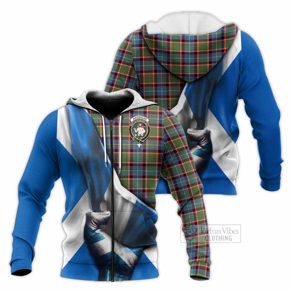 Tartan Vibes Clothing Aikenhead Tartan Knitted Hoodie with Family Crest Scotland Patriotic Style