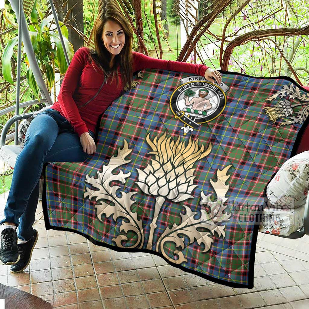 Tartan Vibes Clothing Aikenhead Tartan Quilt with Family Crest and Golden Thistle Style