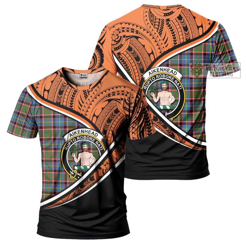 Tartan Vibes Clothing Aikenhead Crest Tartan T-Shirt with Maori Tattoo Style - Orange Version