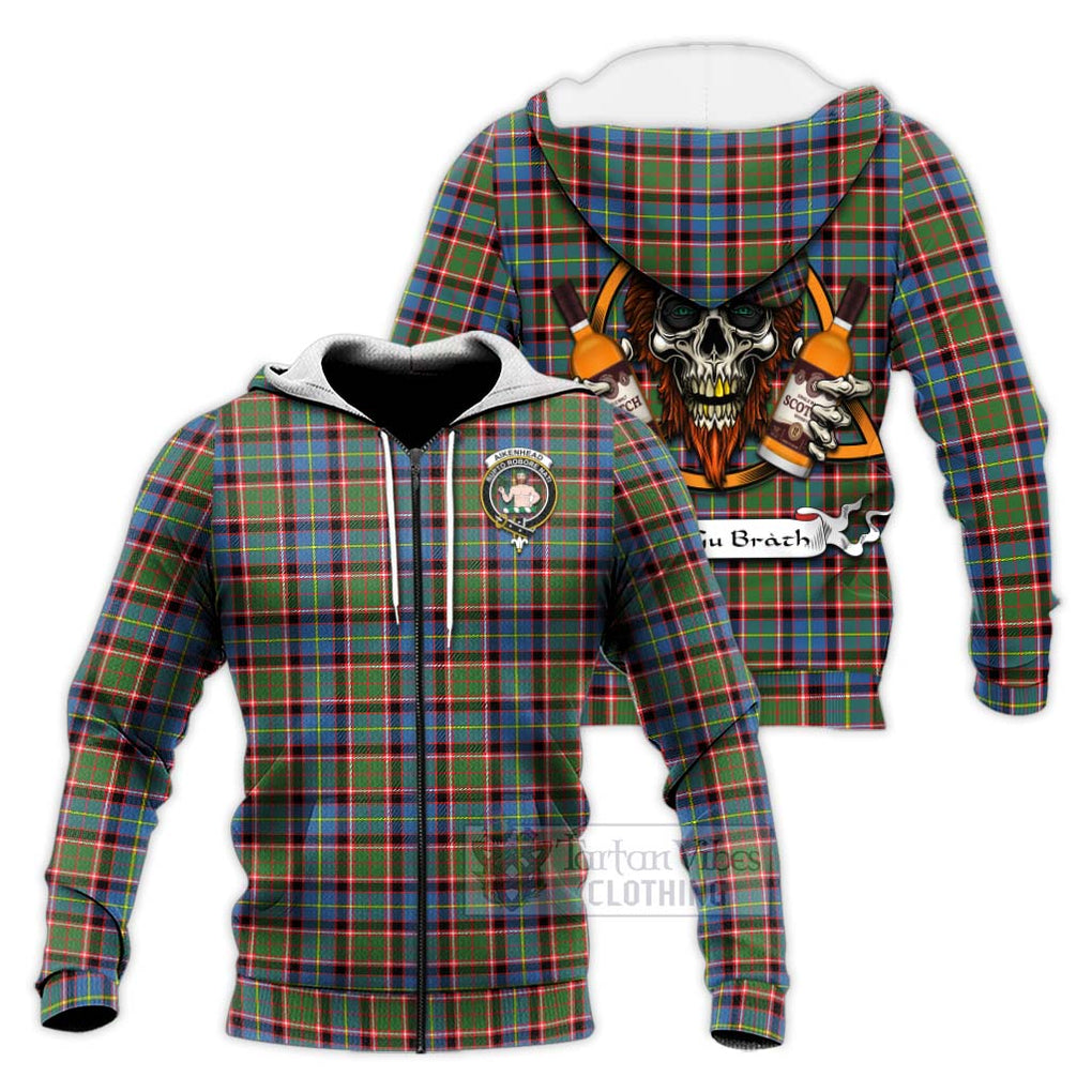 Tartan Vibes Clothing Aikenhead Tartan Knitted Hoodie with Family Crest and Bearded Skull Holding Bottles of Whiskey