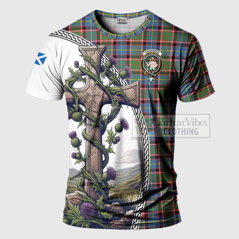 Tartan Vibes Clothing Aikenhead Agnew Tartan T-Shirt with Family Crest and St. Andrew's Cross Accented by Thistle Vines