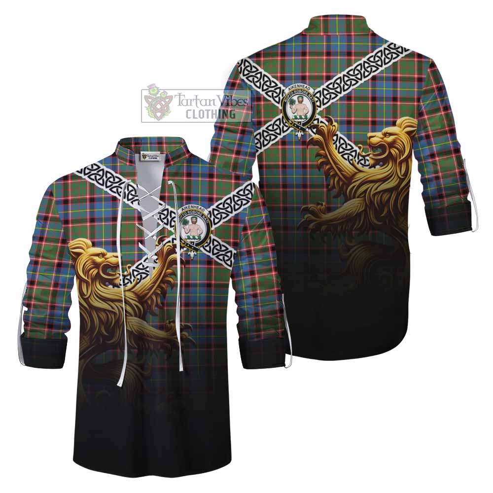 Aikenhead Crest Tartan Ghillie Kilt Shirt with Golden Lion Emblem Celtic Style - Tartan Vibes Clothing