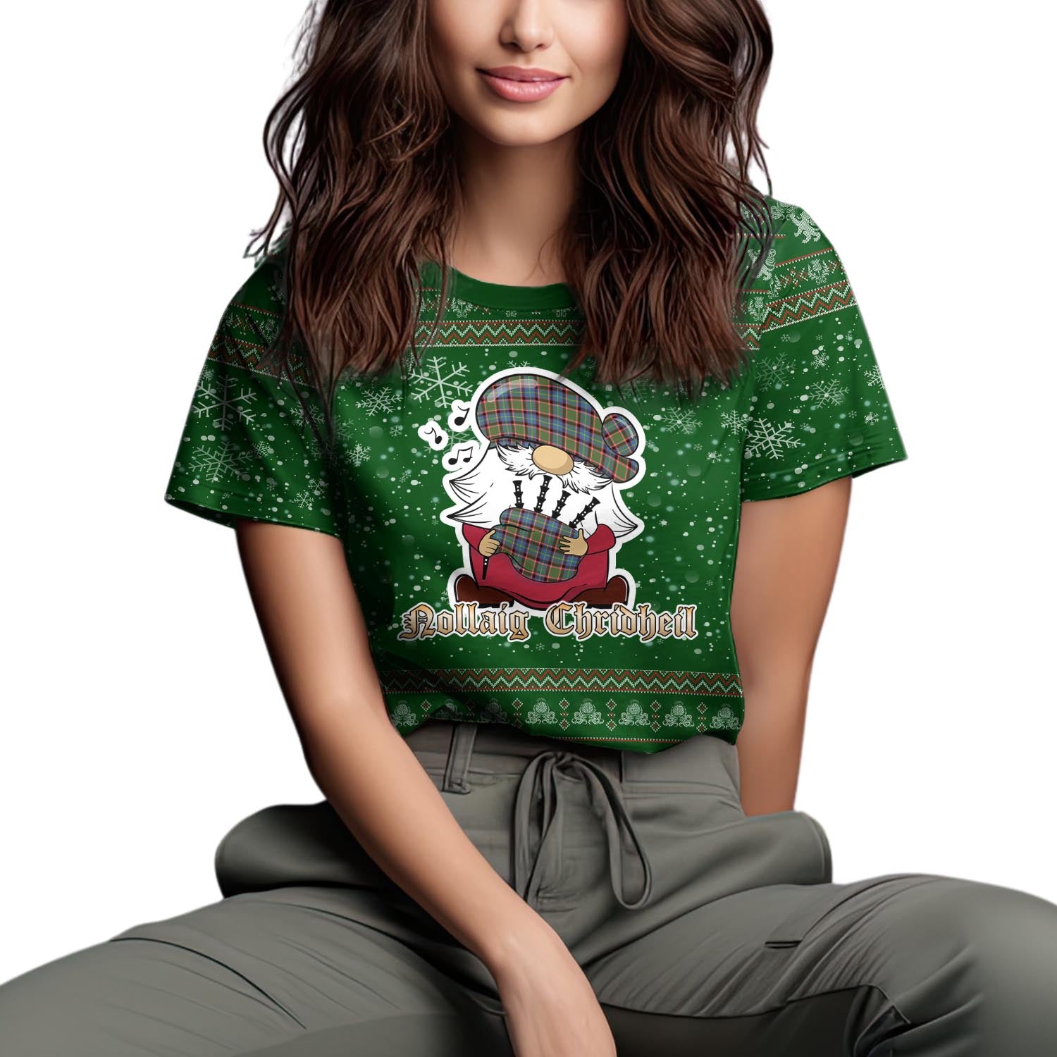 Aikenhead Clan Christmas Family T-Shirt with Funny Gnome Playing Bagpipes Women's Shirt Green - Tartanvibesclothing