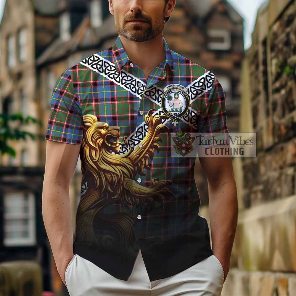 Aikenhead Crest Tartan Hawaiian Shirt with Golden Lion Emblem Celtic Style - Tartan Vibes Clothing
