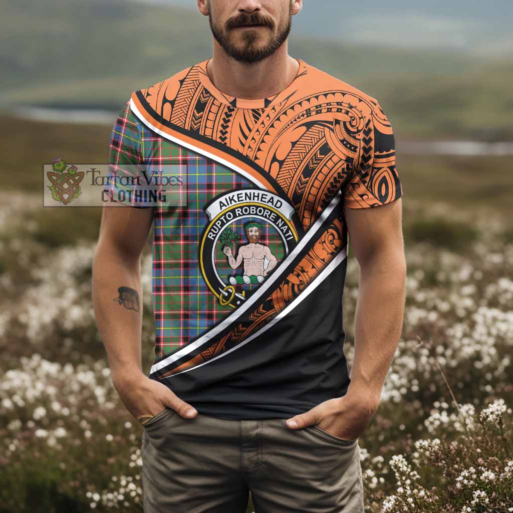 Tartan Vibes Clothing Aikenhead Crest Tartan T-Shirt with Maori Tattoo Style - Orange Version