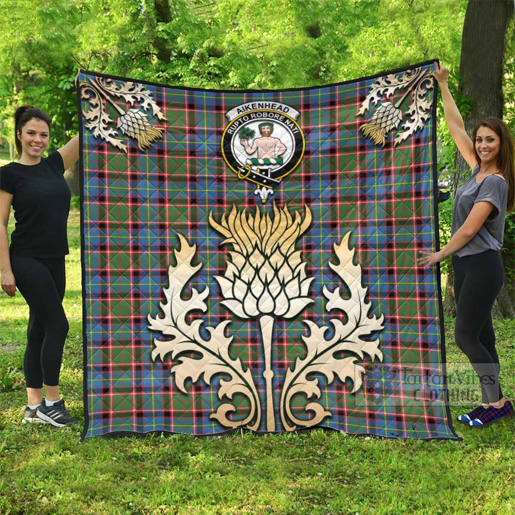 Tartan Vibes Clothing Aikenhead Tartan Quilt with Family Crest and Golden Thistle Style