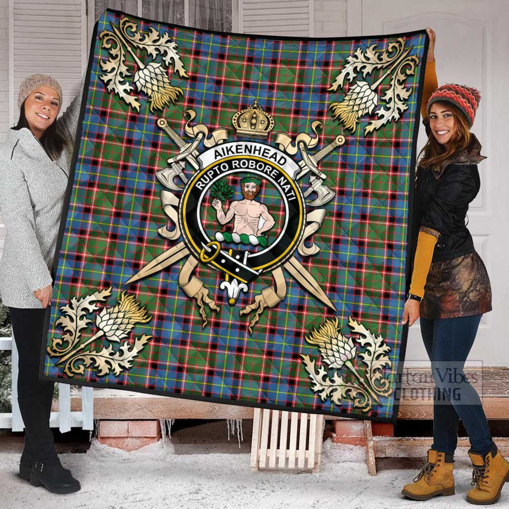 Tartan Vibes Clothing Aikenhead Tartan Quilt with Family Crest and Scottish Golden Courage Shield