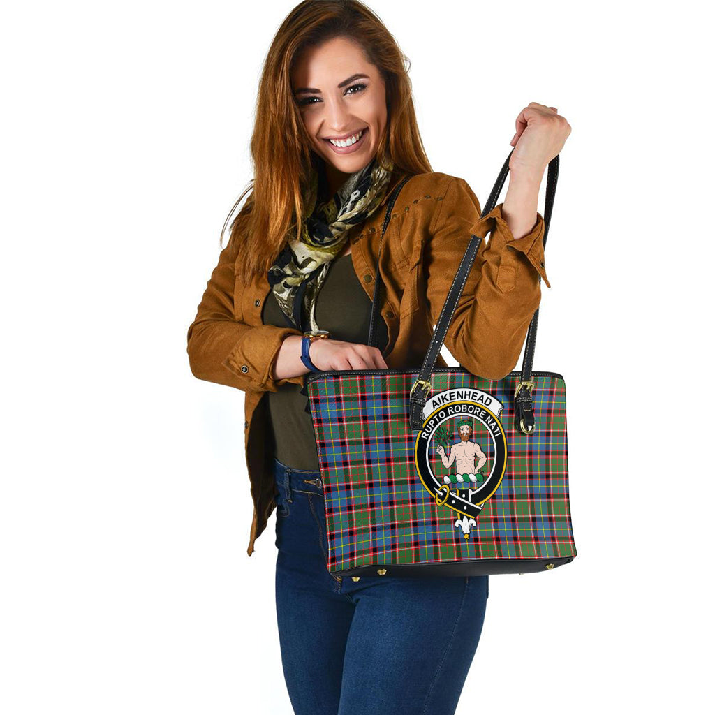 Aikenhead Tartan Leather Tote Bag with Family Crest - Tartanvibesclothing