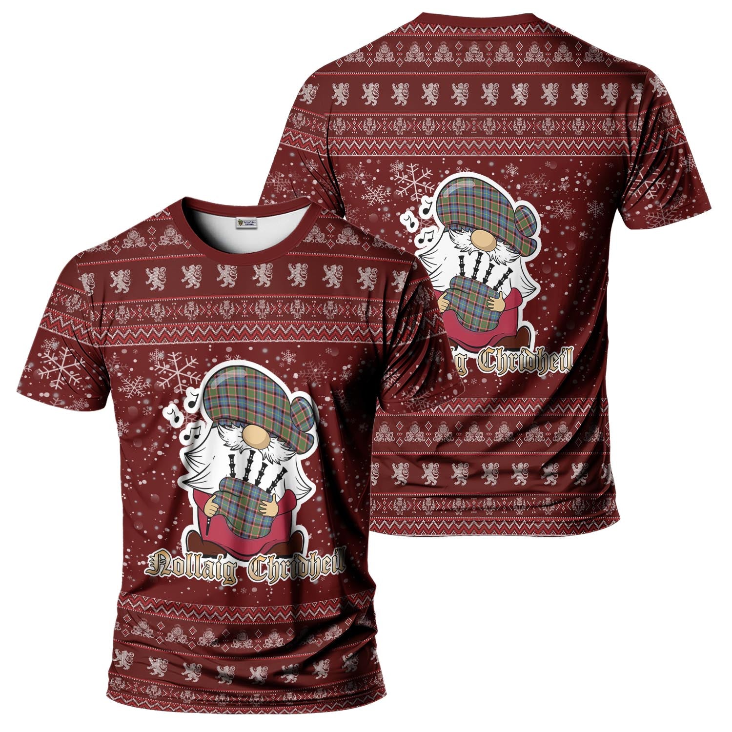 Aikenhead Clan Christmas Family T-Shirt with Funny Gnome Playing Bagpipes - Tartanvibesclothing