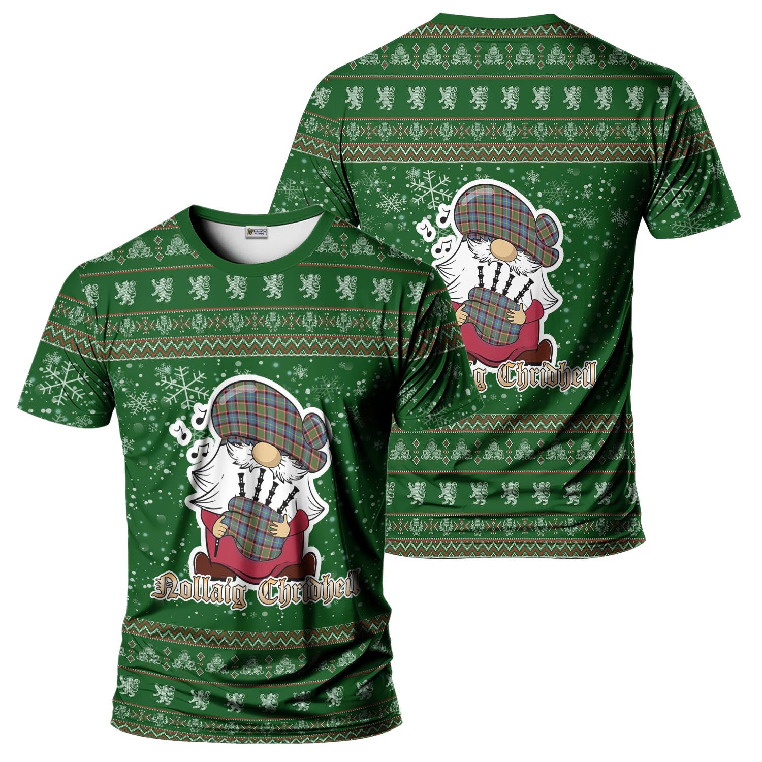 Aikenhead Clan Christmas Family T-Shirt with Funny Gnome Playing Bagpipes Men's Shirt Green - Tartanvibesclothing